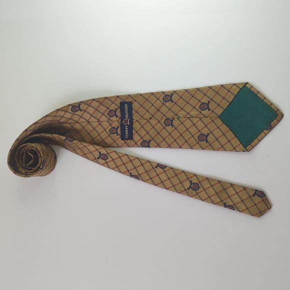 Tommy Hilfiger 90's Vintage Preppy Plaid Scattered Crest Logo Silk Neck Tie Tan - Picture 3 of 10